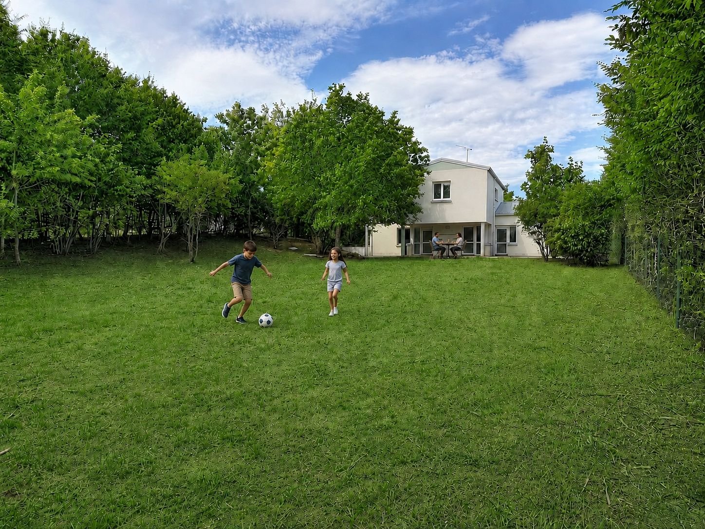 Enfants jouant au football dans le jardin des Résidences du Val, famille en terrasse en arrière-plan